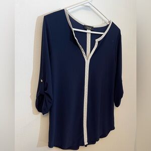 Lux II Navy Blue Split Neck Blouse White Contrast Trim Nautical Coastal Sz S